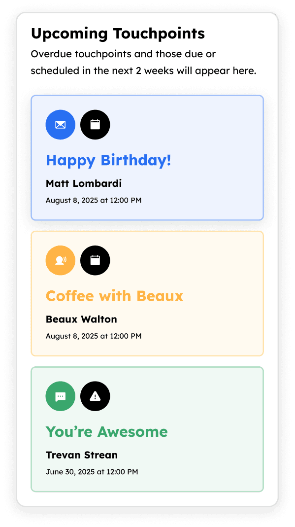 Upcoming touchpoints dashboard showing scheduled donor communications